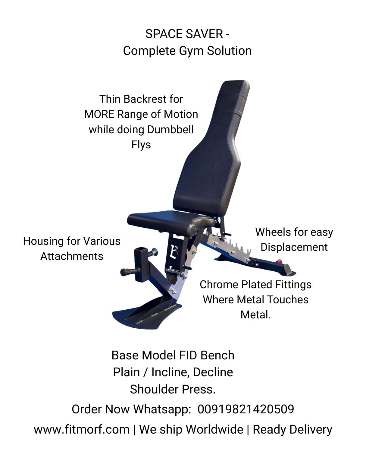 multifunctional adjustable gym bench with chrome plated fittings, tapered cushion backrest and attachment housing slot for various attachments. worldwide free delivery offered by manufacturer barbarian-fitmorf