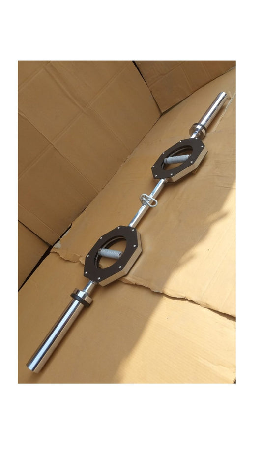 Side view of the FitMorf barbell, highlighting rotating grips and hard-chromed construction