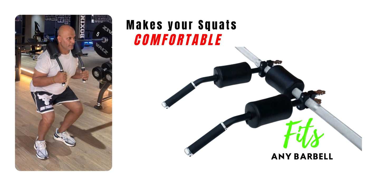 padded barbell squat attachment with safety support, featuring black foam cushioning and handles for a comfortable and balanced heavy lifting. 