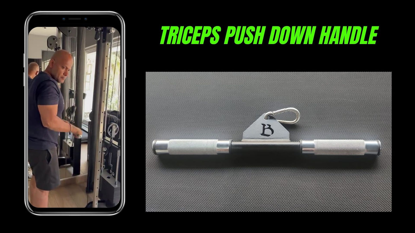 Close-up of a straight tricep pushdown handle attachment with knurled grips for gym cable machine with demonstration of use.