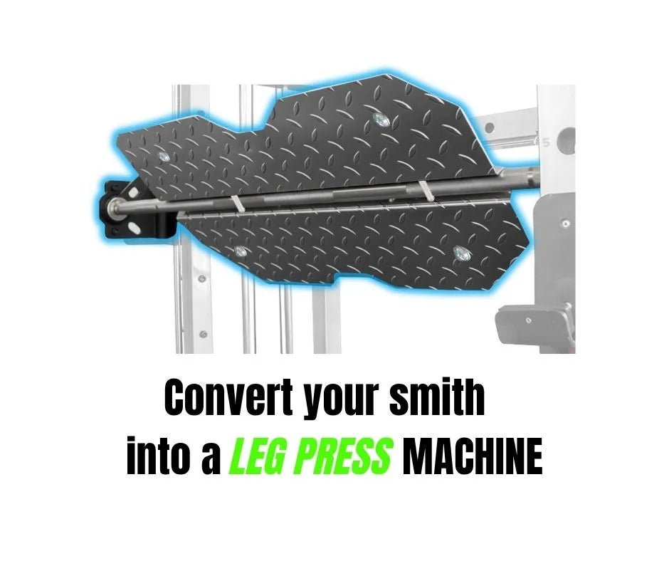 Graphic demonstration of how to convert a smith machine into a leg press machine using the innovative at by fitmorf barbarian