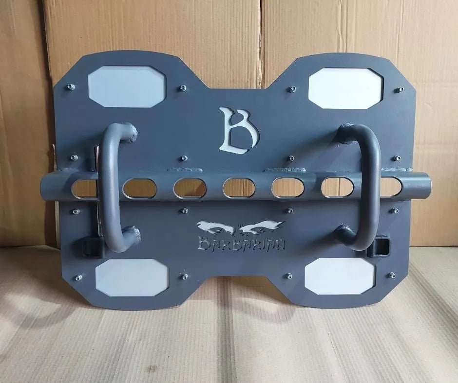 Back view of the barbarian leg press attachment by fitmorf, featuring the logo barbarian