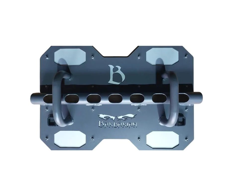Back view of the barbarian leg press attachment by fitmorf, featuring the logo. Set against a white background.
