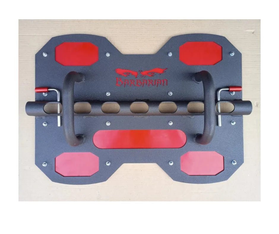 Back view of the barbarian leg press attachment by fitmorf, featuring the logo barbarian. Red colored.