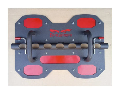 Back view of the barbarian leg press attachment by fitmorf, featuring the logo barbarian. Red colored.