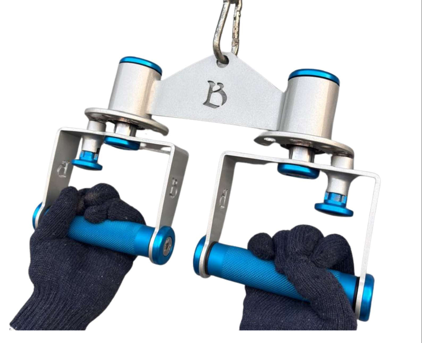 Metallic rotating grip handle attachment for various cable exercise for bodybuilding and gym. device with blue handles and a clip, held by gloved hands on a white background.