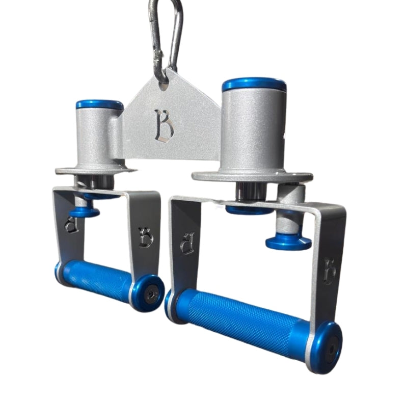 Multifunctional Metallic rotating grip cable attachment handle device with blue accents on a white background