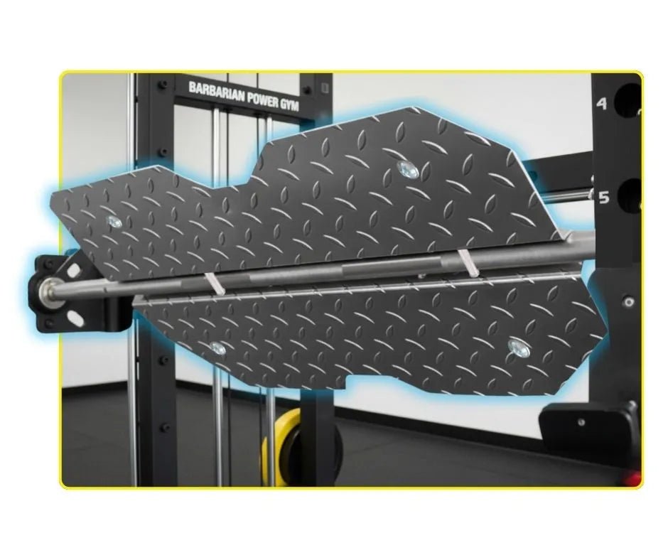 Innovative leg press attachment featuring anti-skid anodized aluminum checker plate for smith machines by fitmorf barbarian.