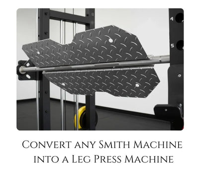 Innovative leg press attachment featuring anti-skid anodized aluminum checker plate for smith machines by fitmorf barbarian.