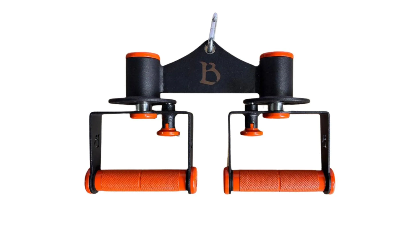 front view of Innovative dual-mechanism cable attachment with rotating grips or optional fixed angle setting.  Fitness