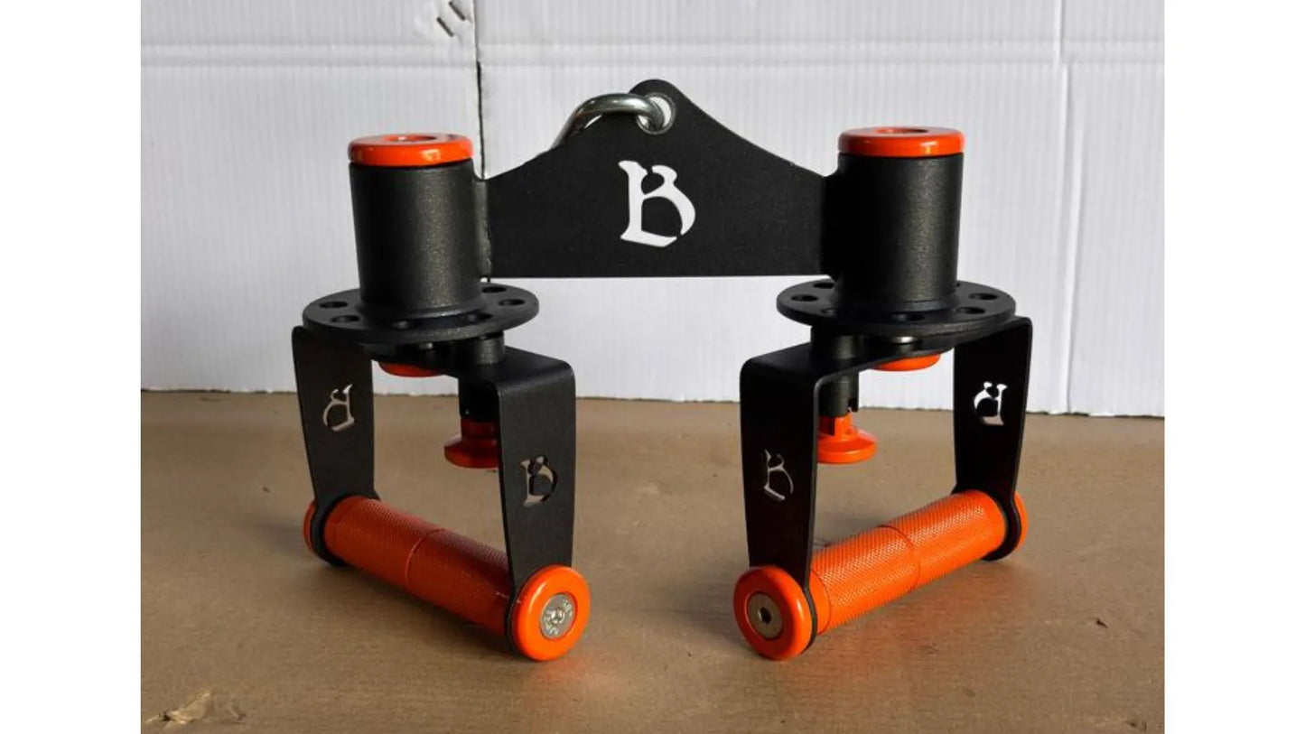 Black and orange Innovative dual-mechanism fitness attachment with rotating grips or optional fixed angle setting mechanism