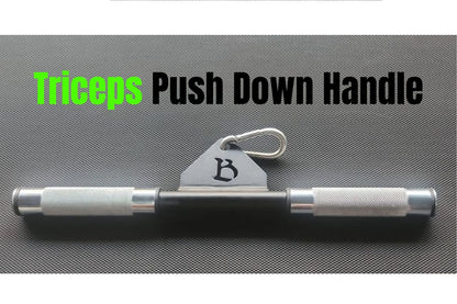 Close-up of a straight tricep pushdown handle attachment for any cable machine, featuring knurled grips with elegant design.