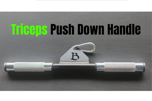 Close-up of a straight tricep pushdown handle attachment for any cable machine, featuring knurled grips with elegant design.