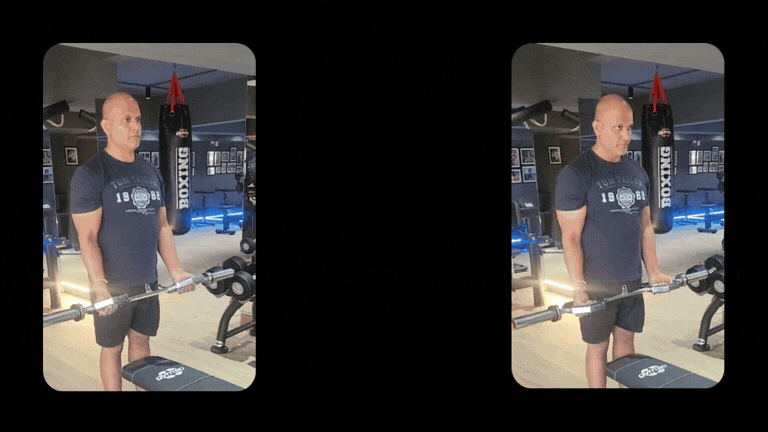 An animated GIF demonstrating the most advanced innovative barbell with rotating grips. The text 'Isolate, Target, Grow' appears alongside a demonstration of how the rotating grips allow for exercises like bicep curls, behind the neck triceps, lat pull downs, and bench press for enhanced muscle stimulation. 