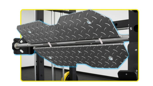 An innovative anti skid Metal leg press plate attachment mounted on a Smith machine set against a clean white background 
