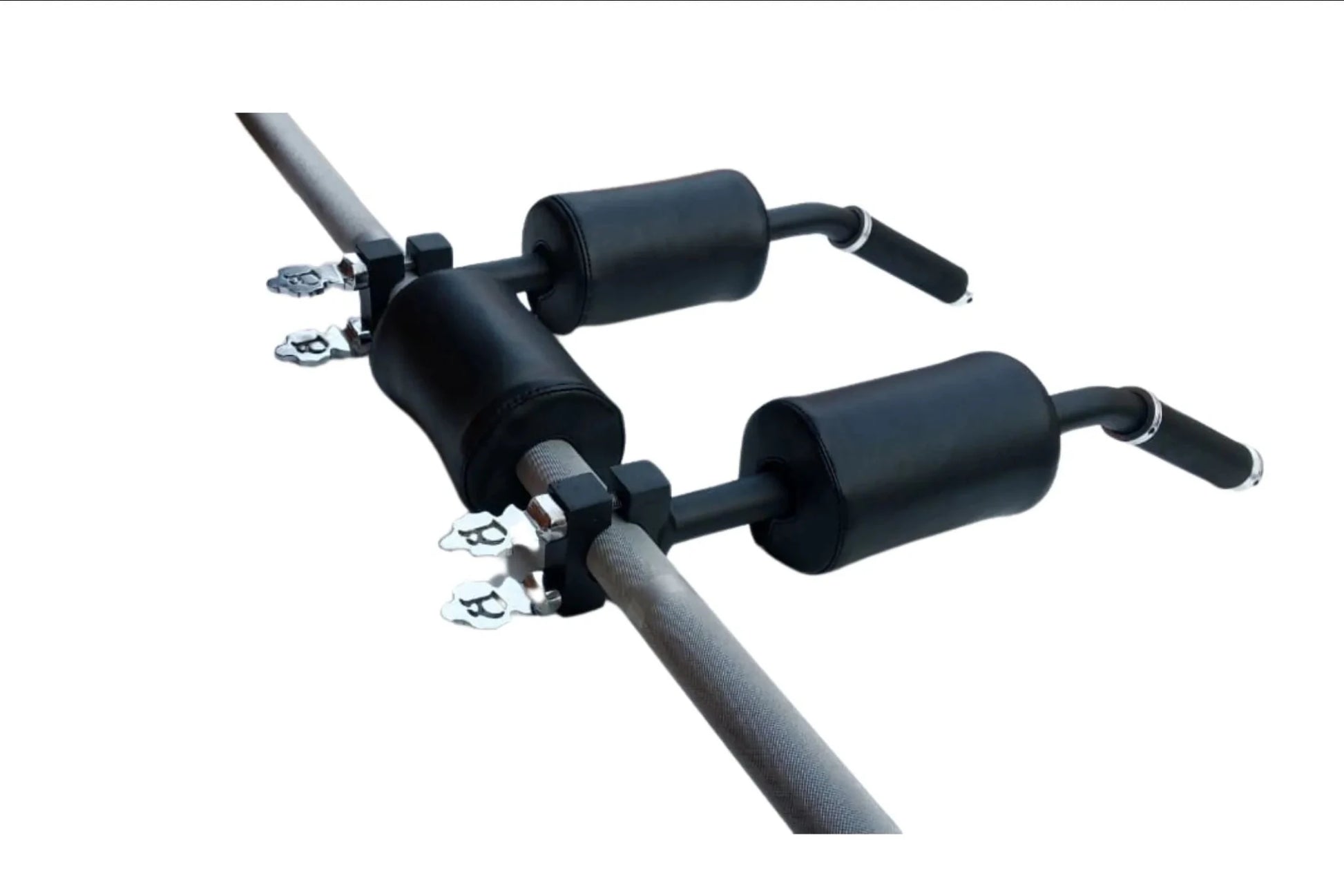 Close-up of the padded barbell squat attachment with safety support, featuring black foam cushioning and handles for a comfortable and balanced heavy lifting. 