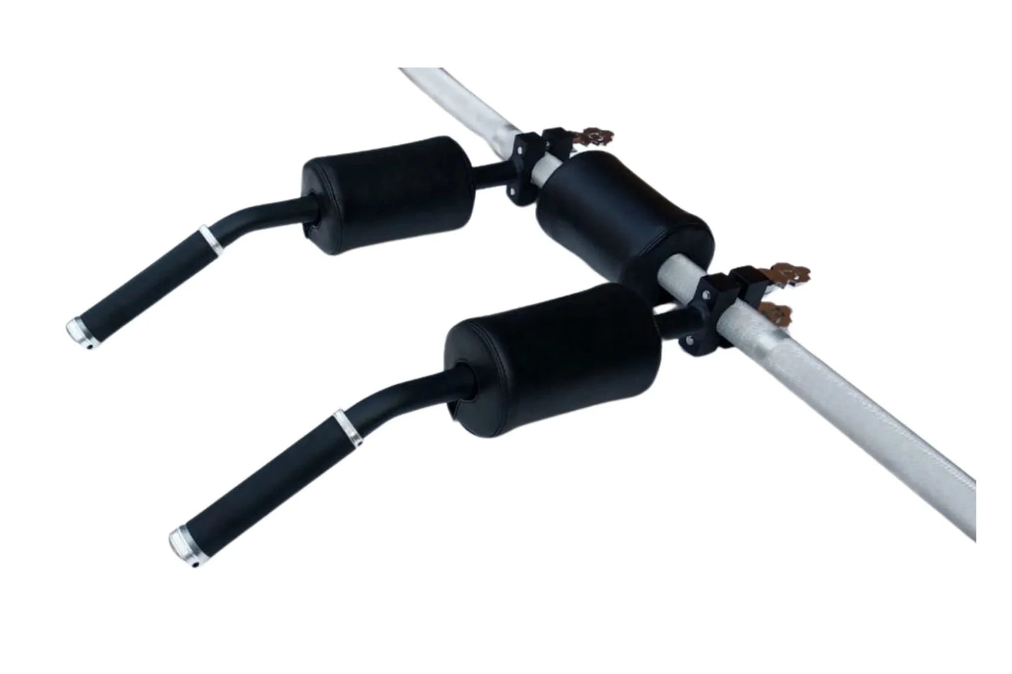  Innovative padded barbell squat attachment with safety support, featuring black foam cushioning and handles for a comfortable and balanced heavy lifting. 