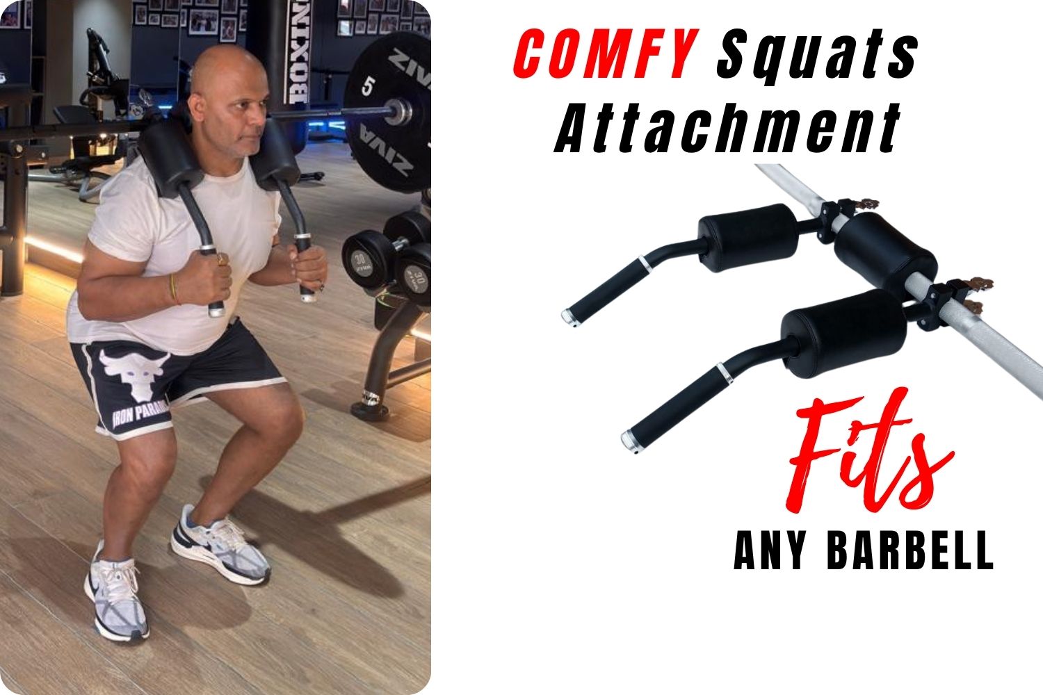 Person performing squats with a barbell and 'Comfy Squats Attachment' that has cushions for comfort and handles for balance and weight distribution.