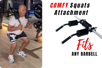 Person performing squats with a barbell and 'Comfy Squats Attachment' that has cushions for comfort and handles for balance and weight distribution.
