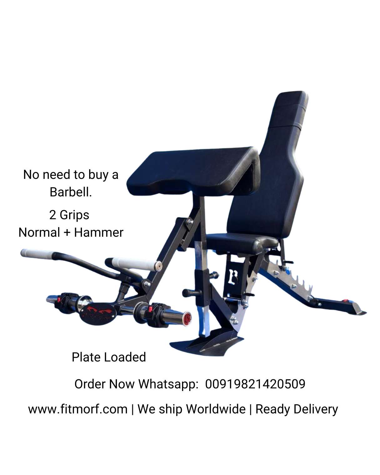 detailed view with text explaining the usp's of a preacher curl bench with a detachable preacher curl attachment on a multifunctional adjustable gym bench.