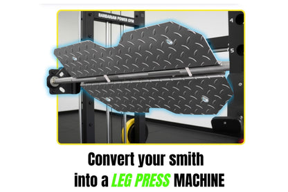 Innovative leg press attachment featuring anti-skid anodized aluminum checker plate for smith machines by fitmorf barbarian.